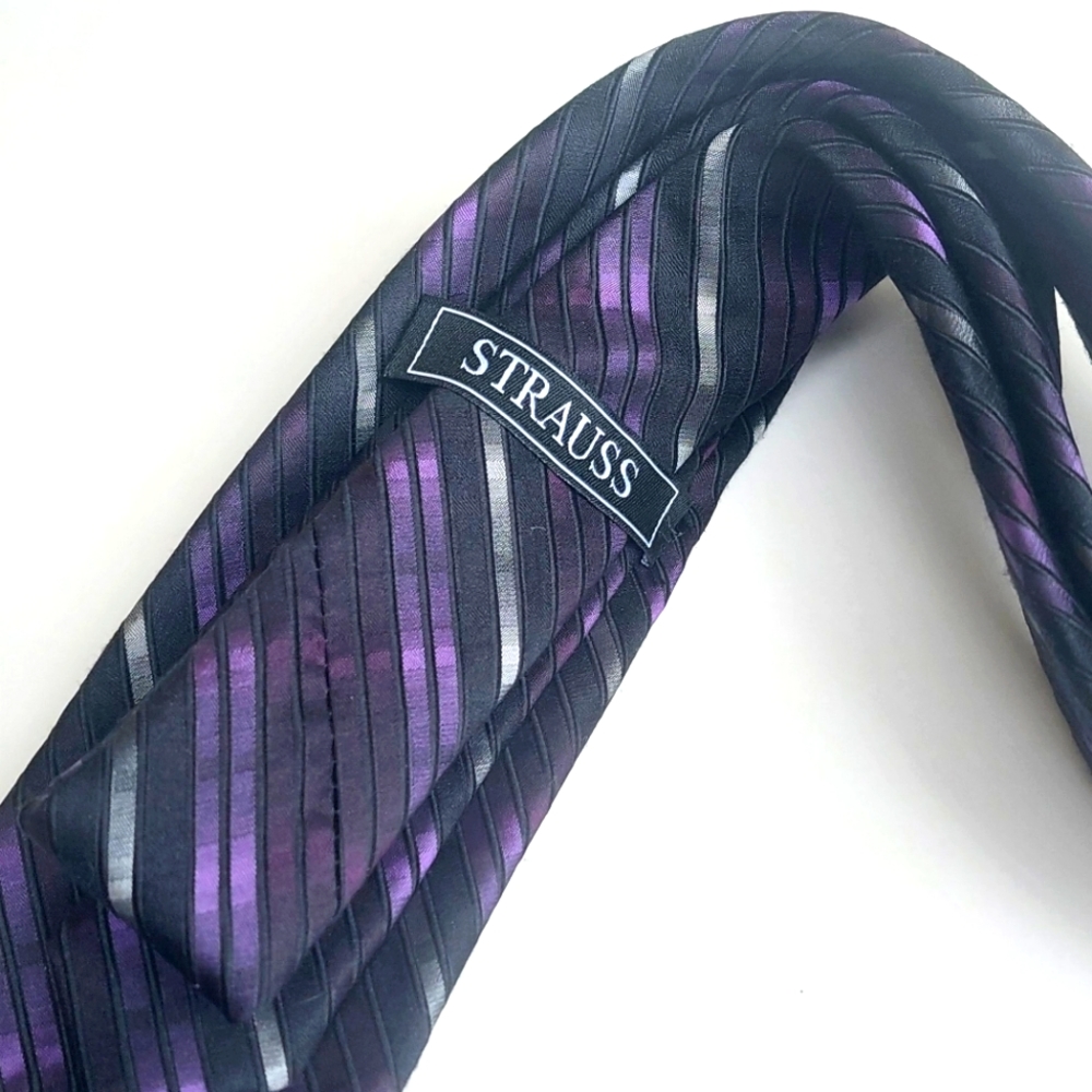 Purple, Black, Grayish Silver Stripe Patterned Strauss Tie